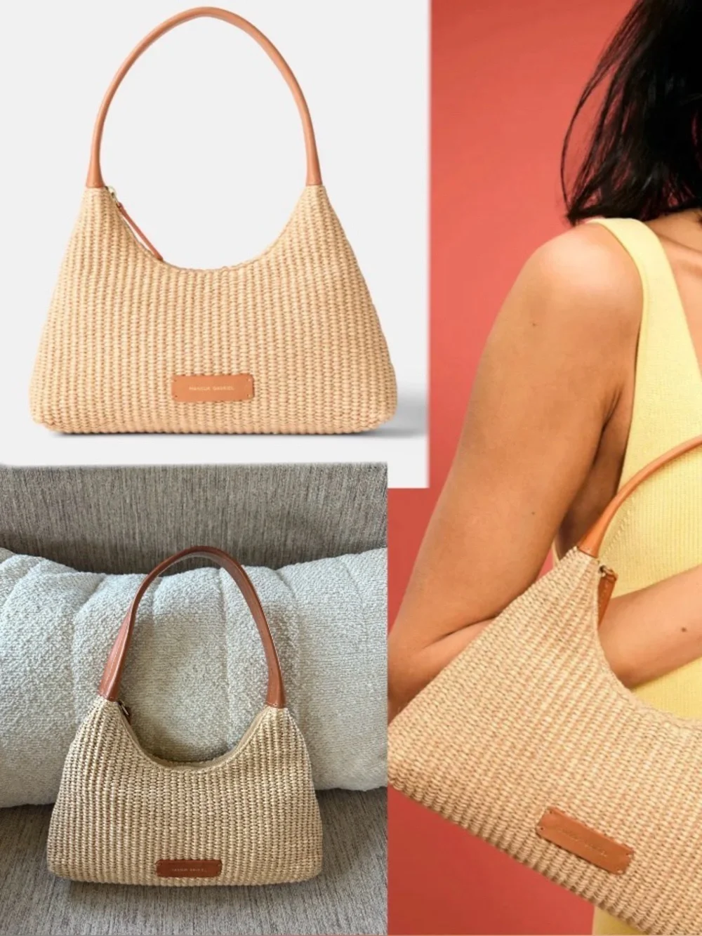 Mansur Gavriel Mini Cindy bag Woven Straw Shoulder Bag in Natural Tan Handles